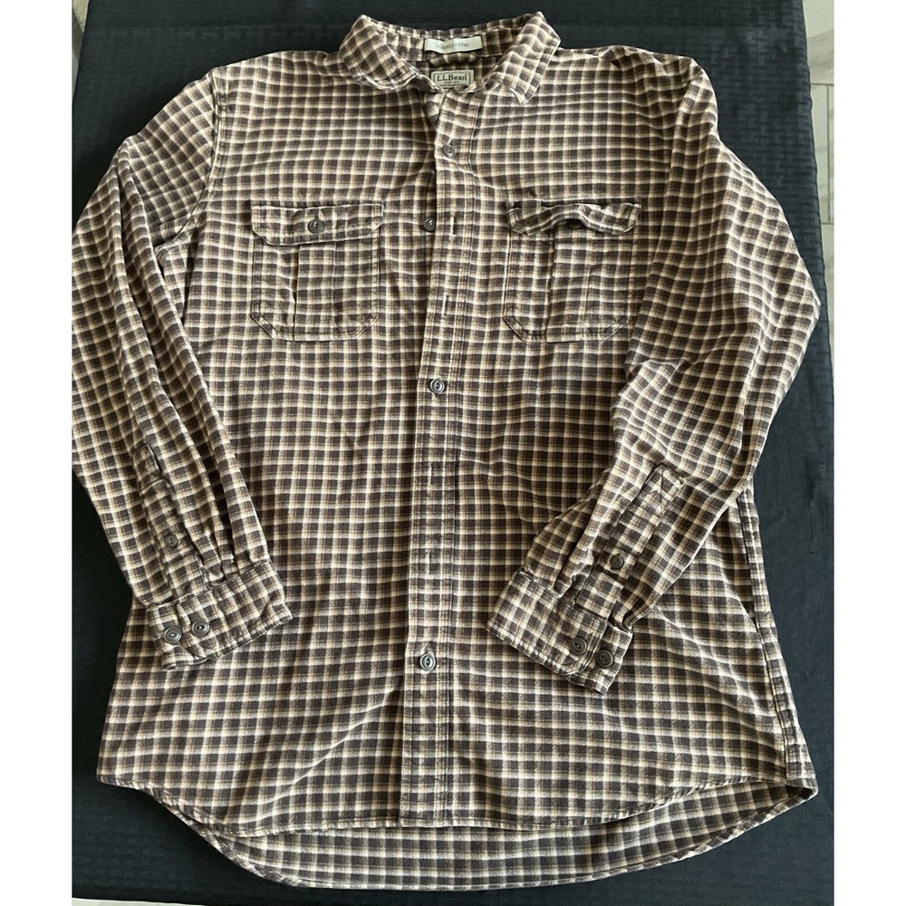 LL Bean Mens Flannel Shirt Sz L Tall Cotton Brown Plaid Slightly Fitted Outdoors